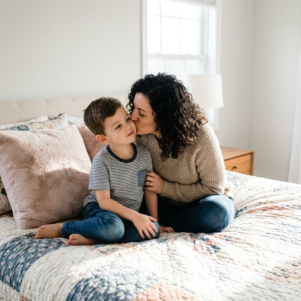 AI generated: The women sitting with boy on bed,the woman kiss the boy chiks