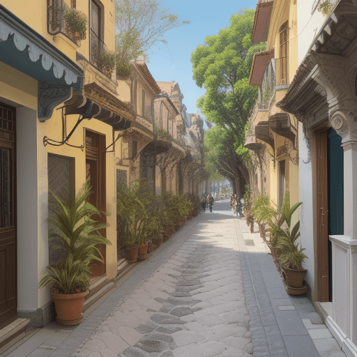 AI generated:  urban space, houses only on columns, a lot of nature, plants and big trees appearing on the middle ...