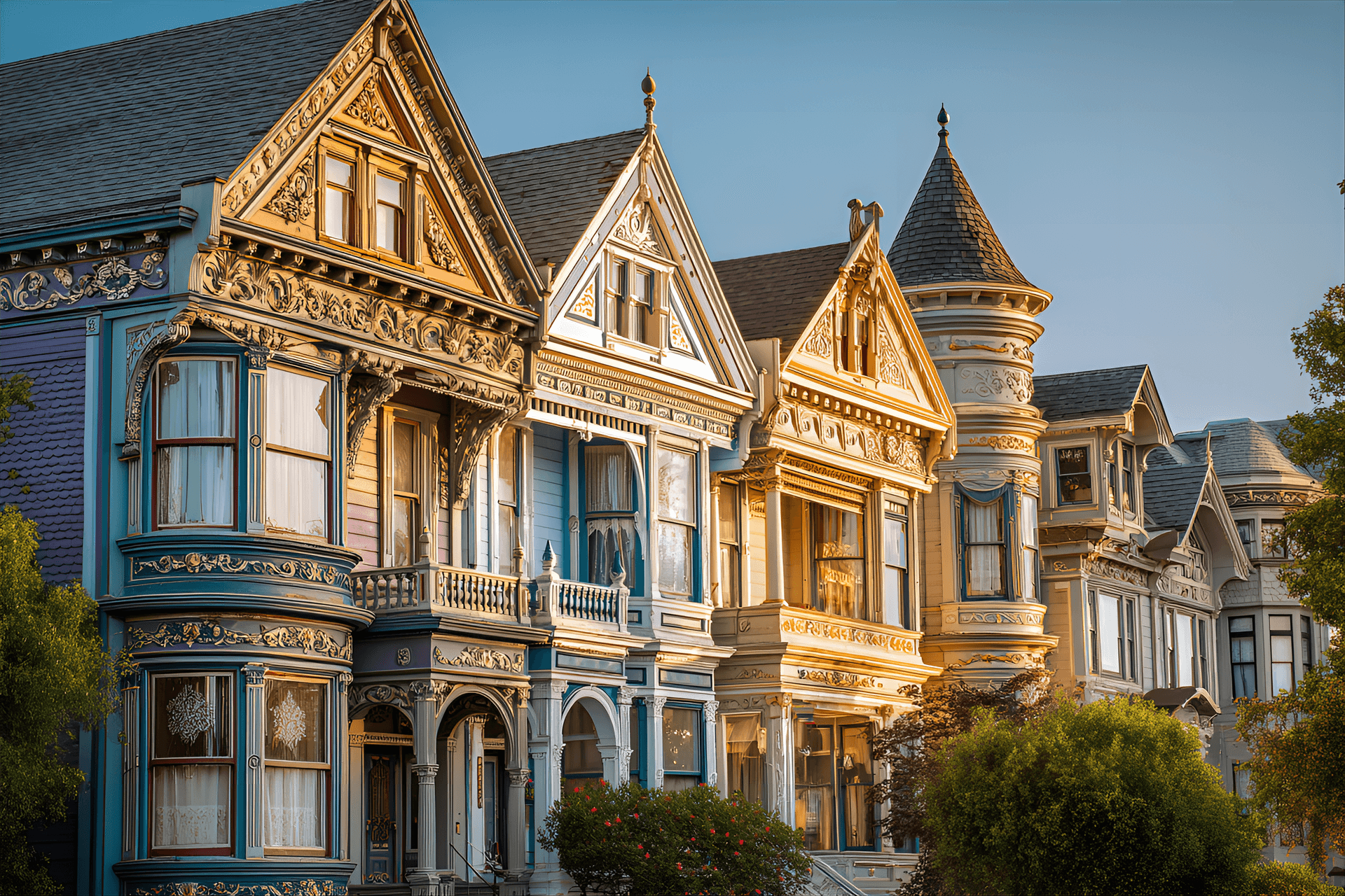 AI generated: Victorian architecture, San Francisco, detailed ornate woodwork, Queen Anne style, pastel color pale...