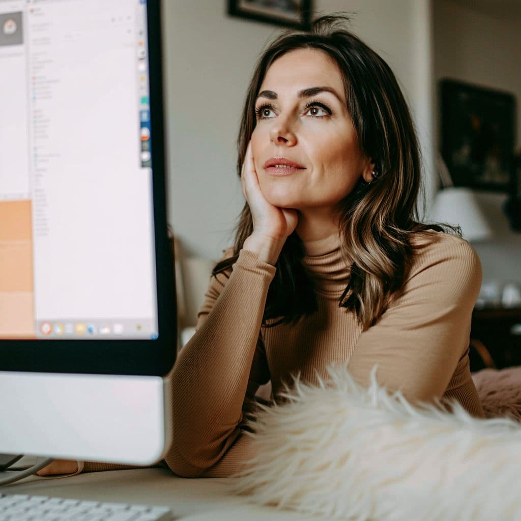 AI generated: Photo of a ultra realistic of woman thinking, looking directly at her computer monitor in a cozy roo...
