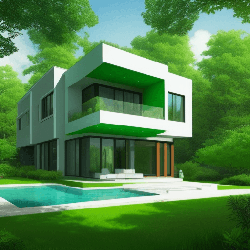AI generated: A beautiful house, modern but classy with a lot of green colorful nature 