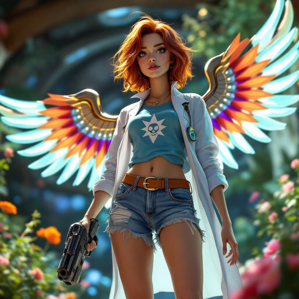 AI generated: ultra detailed photo shot of a woman (animated style of rick and morty) dressed in jean shorts belt ...