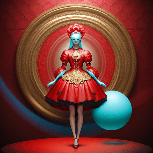 AI generated: a female in a red outfit standing, light cyan and gold, digitally manipulated images, spherical scul...