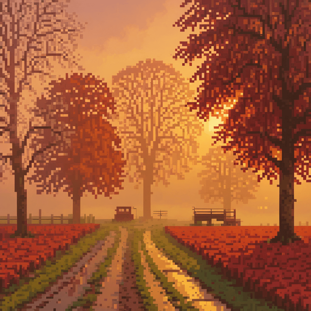 AI generated: a rural scene and some trees, in the style of mist, wimmelbilder, red and amber, rollei prego 90, ph...