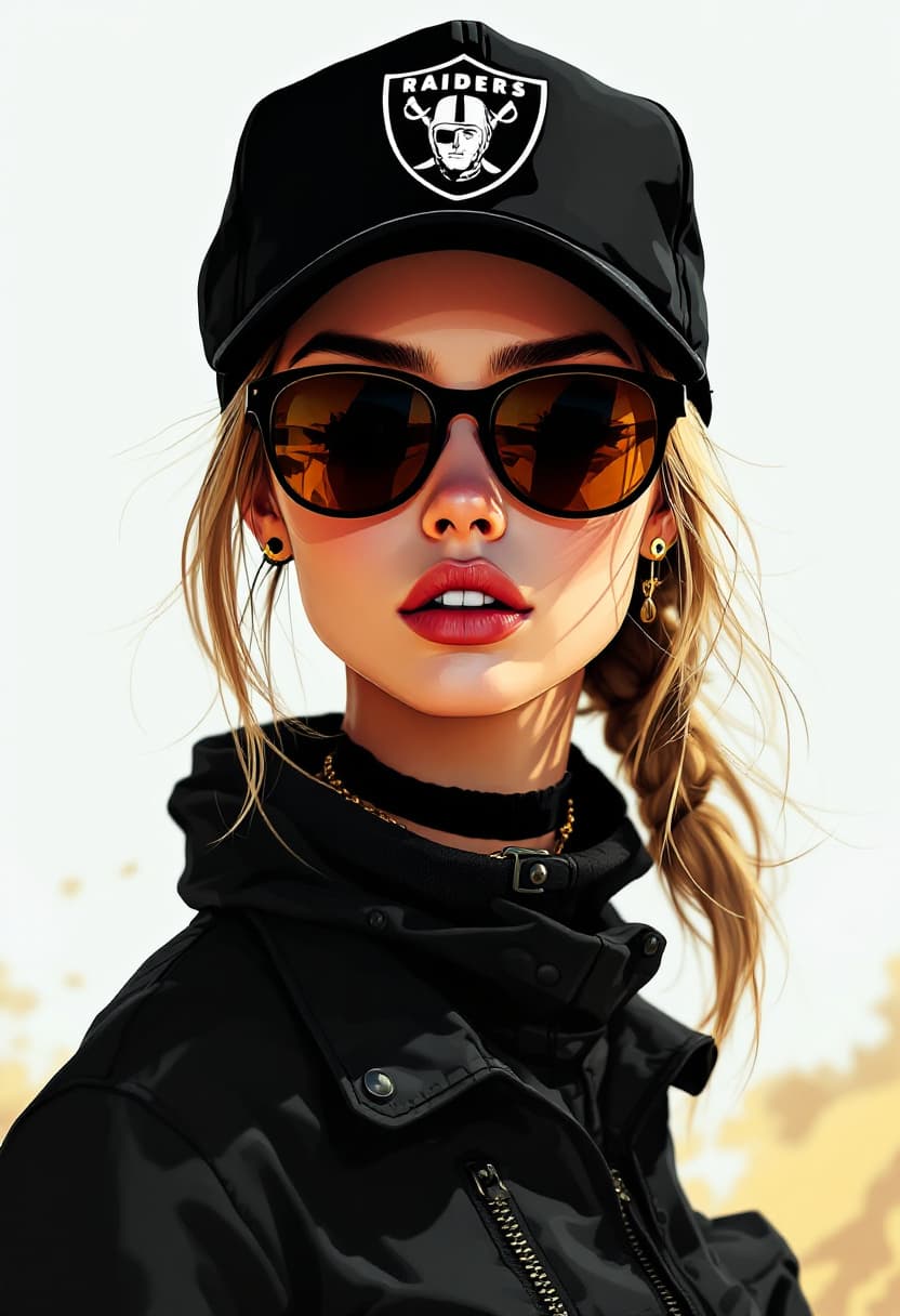 AI generated: a stunning girl wearing black caps and sunglasses, logo Raiders, in the style of otherworldly illust...