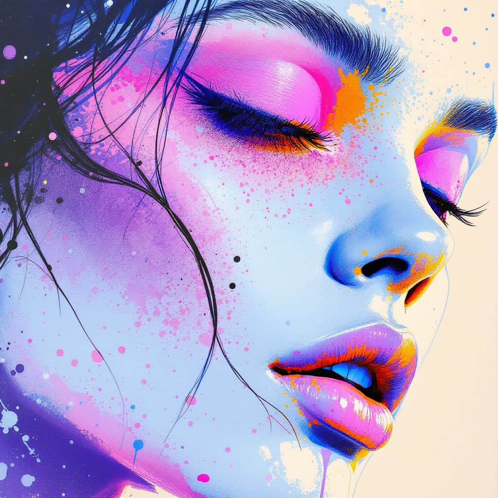 AI generated: a drawing of a woman's face with a pink eyeshadow, in the style of bold colorful drops and  allover ...