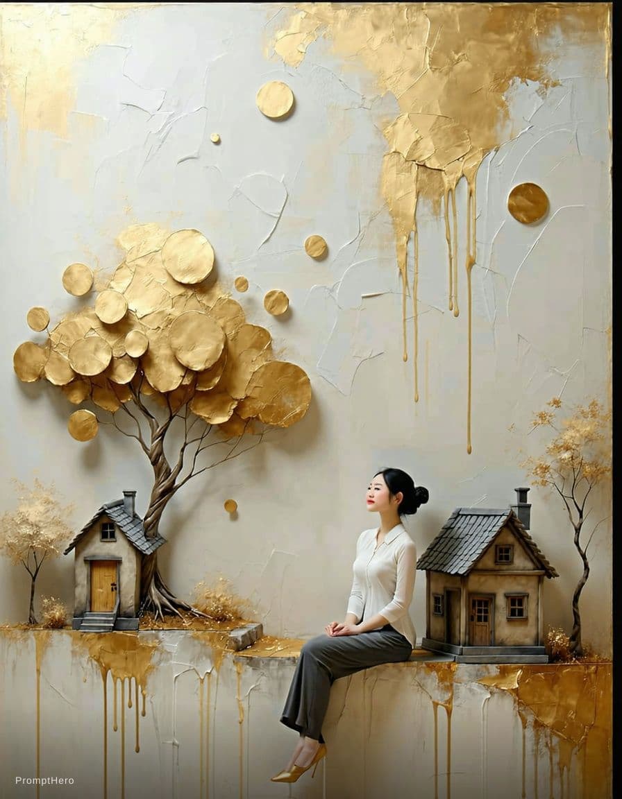 AI generated: woman sitting beside a small rustic wooden cottage on a raised ledge, large golden tree with cluster...