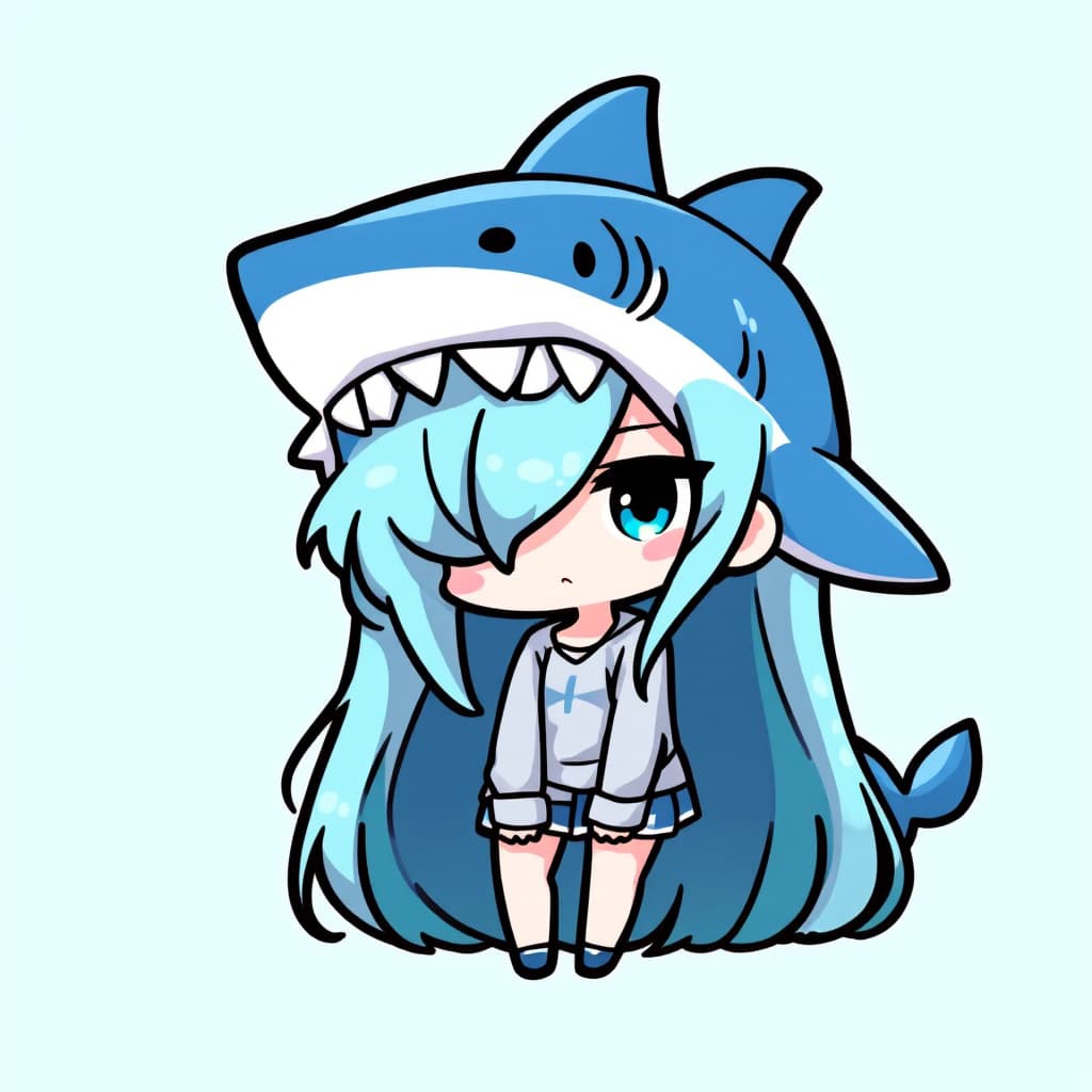 AI generated: best quality,Teal theme,outline,
(chibi:1.2),(absurdly long hair, gradient hair:1.2), shark on head,...