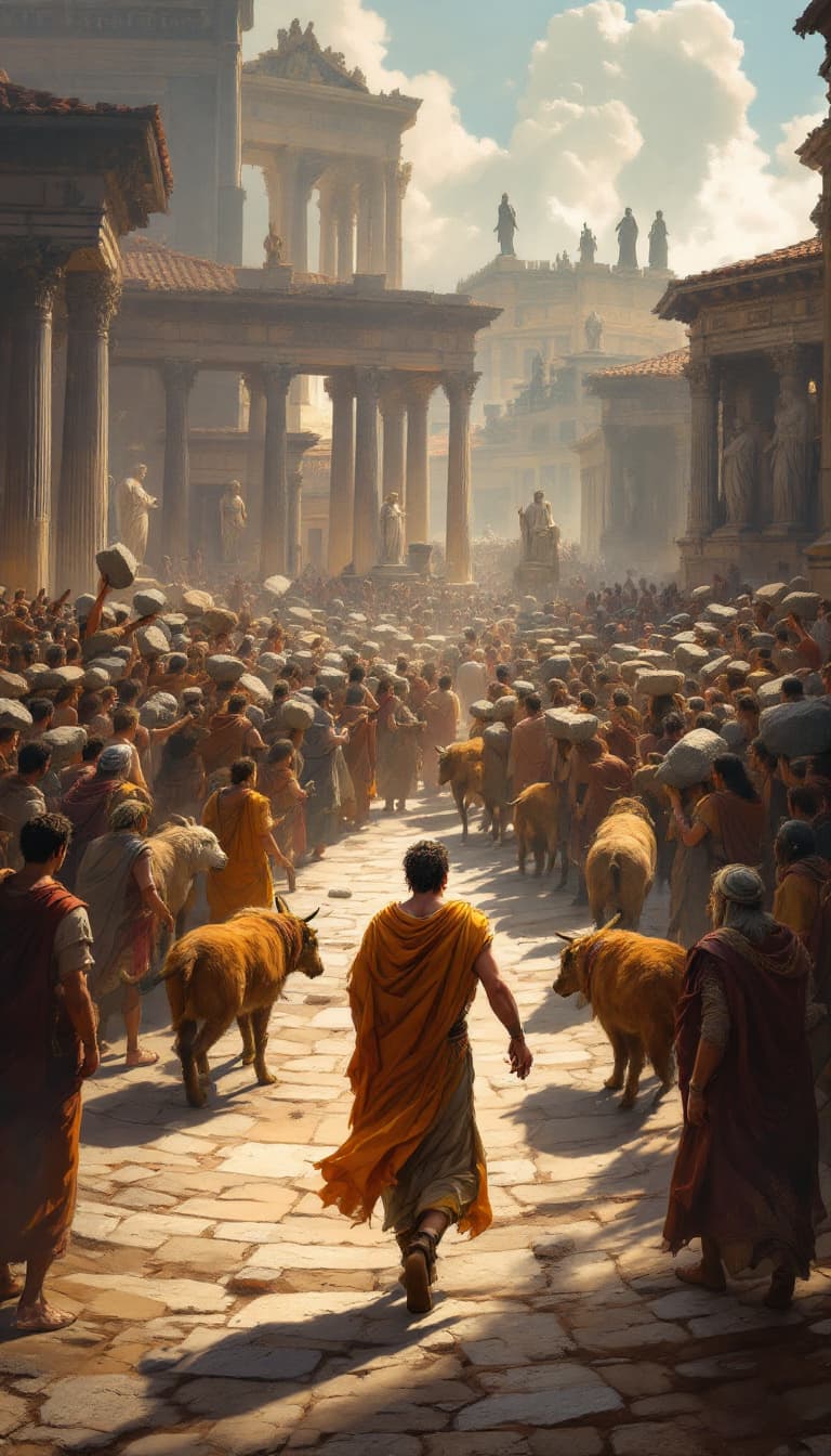AI generated: An illustration of a man walking through the streets with people in ancient Rome, Animals are carryi...