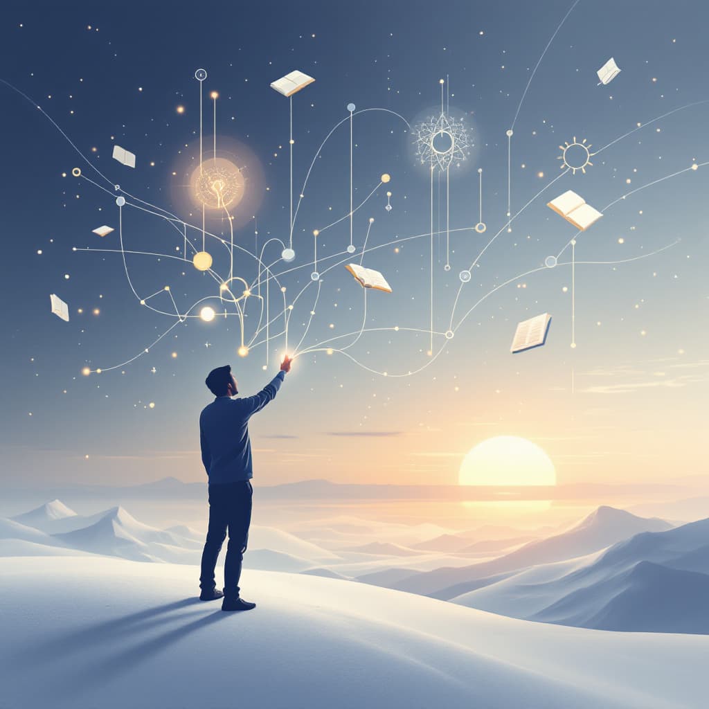 AI generated: A serene illustration depicting a human silhouette interacting with abstract glowing lines and shape...