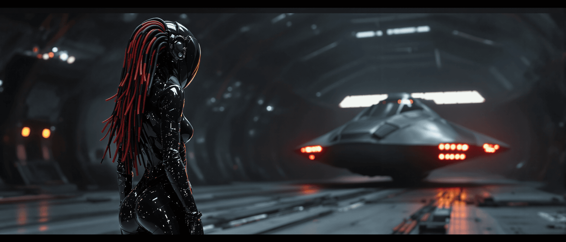 AI generated: A futuristic theam: She's standing in a dark hangar looking on a spaceship in the bacground, all dre...