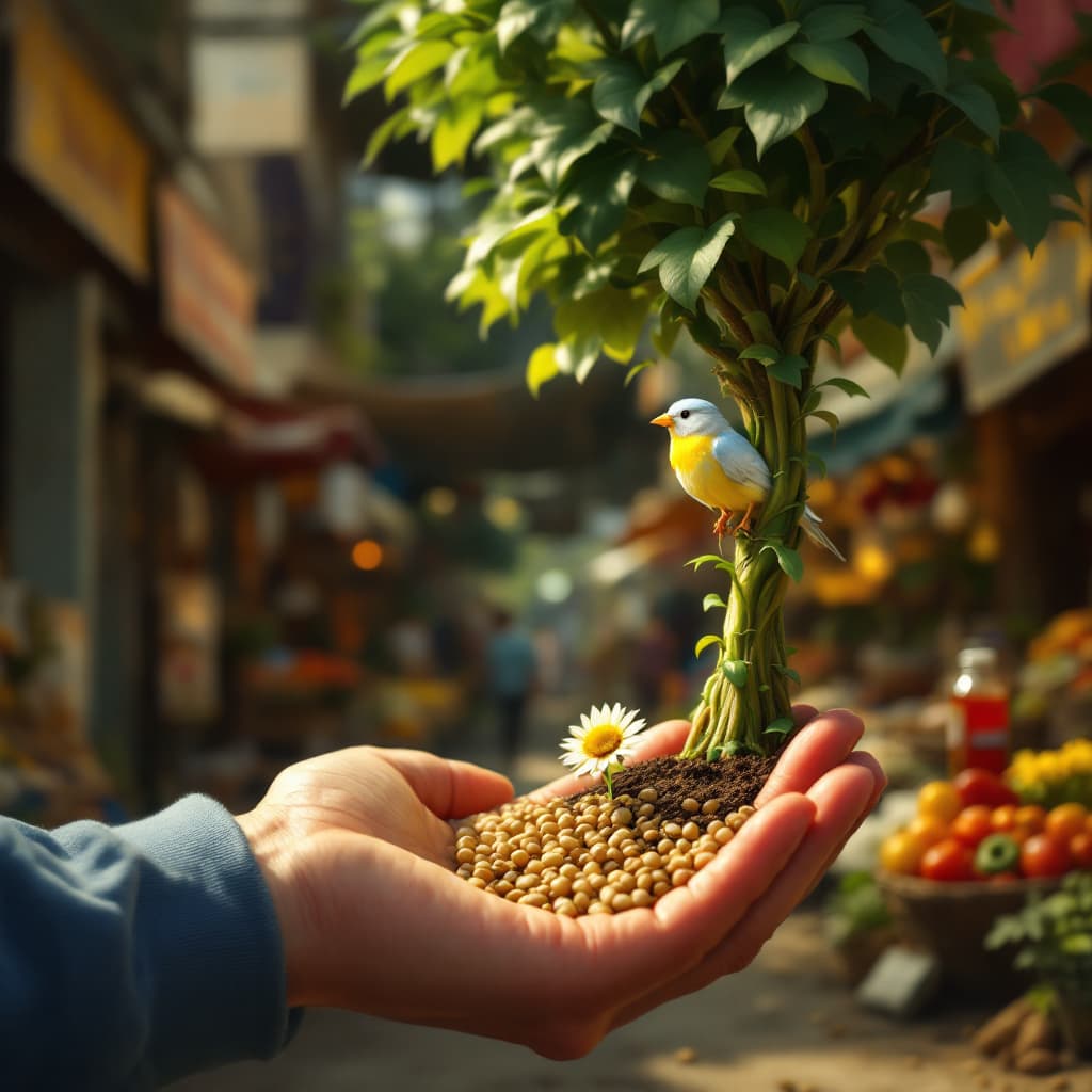 AI generated: "A humble, small mustard seed, seemingly insignificant compared to other larger seeds like a coconut...