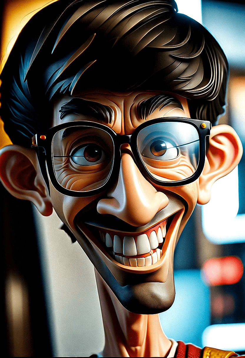 AI generated: A caricature of a man with a big smile, wearing glasses and a mustache. He appears to be a happy-go-...
