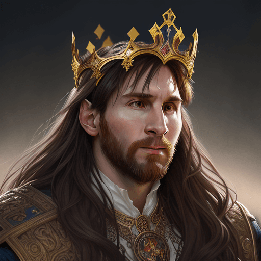 AI generated: Lionel Messi with a majestic crown, closeup, D&D, fantasy, intricate, elegant, highly detailed, digi...