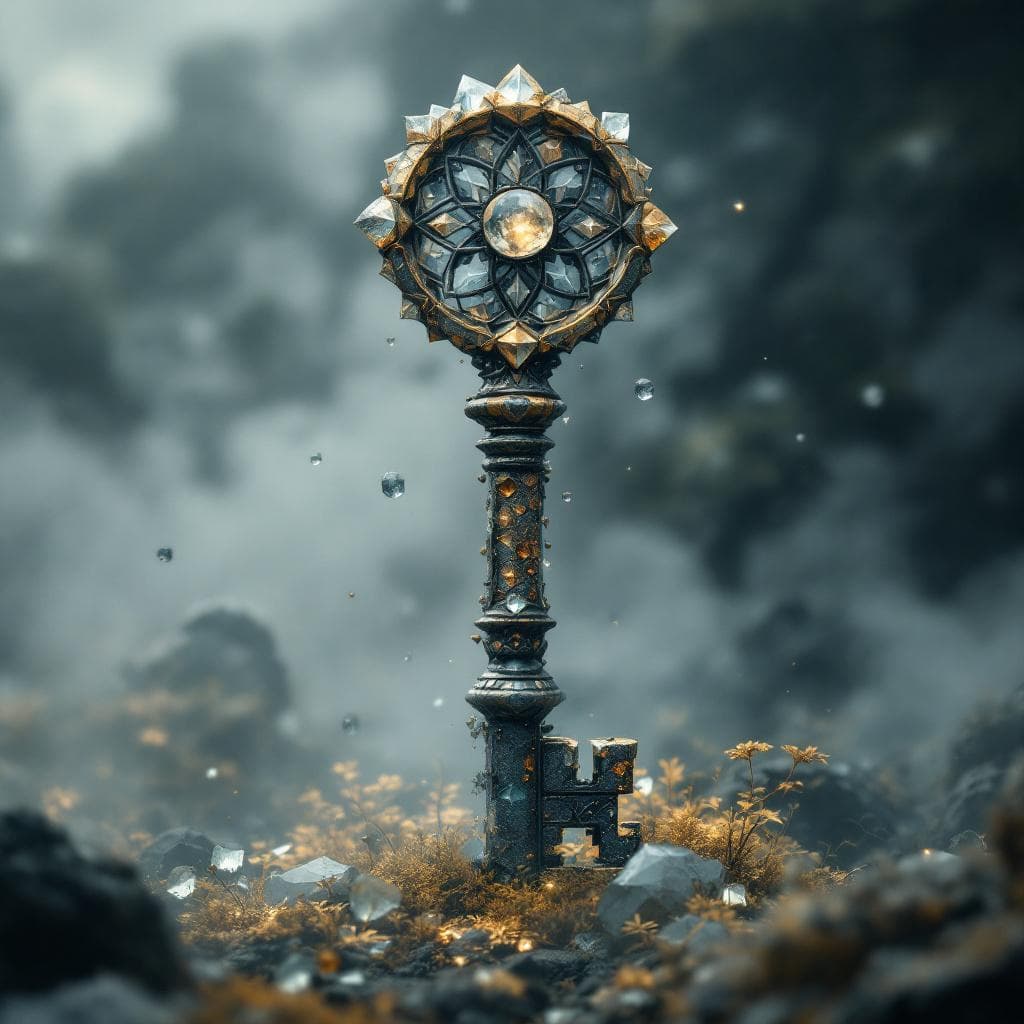 AI generated: Create a key made of stone with metal and crystal at the hilt and the teeth of the key are made out ...