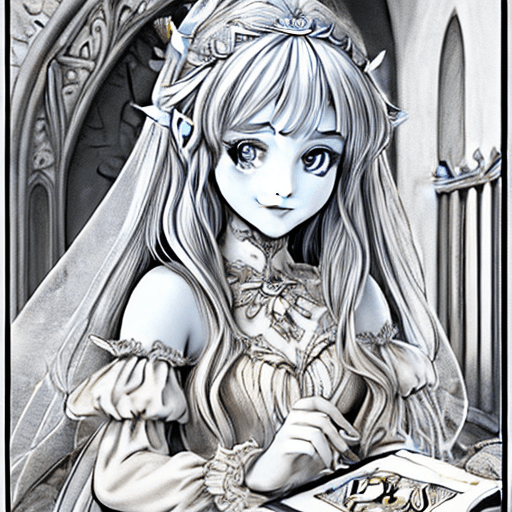 AI generated: Fairy coloring page, a fairy princess, with beautiful eyes, sweet smile, in the castle courtyard wit...