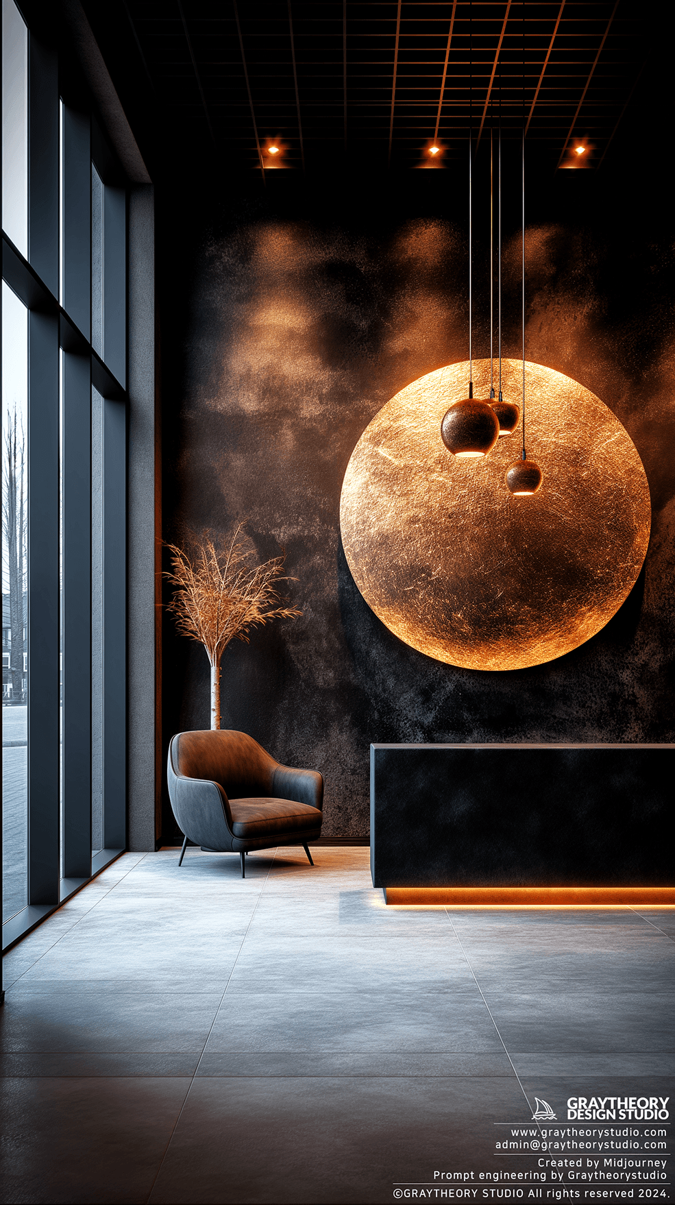 AI generated: reception area, desk with trendy pendant light, Nikon Z9, backdrop is a sleek black, illuminated by ...