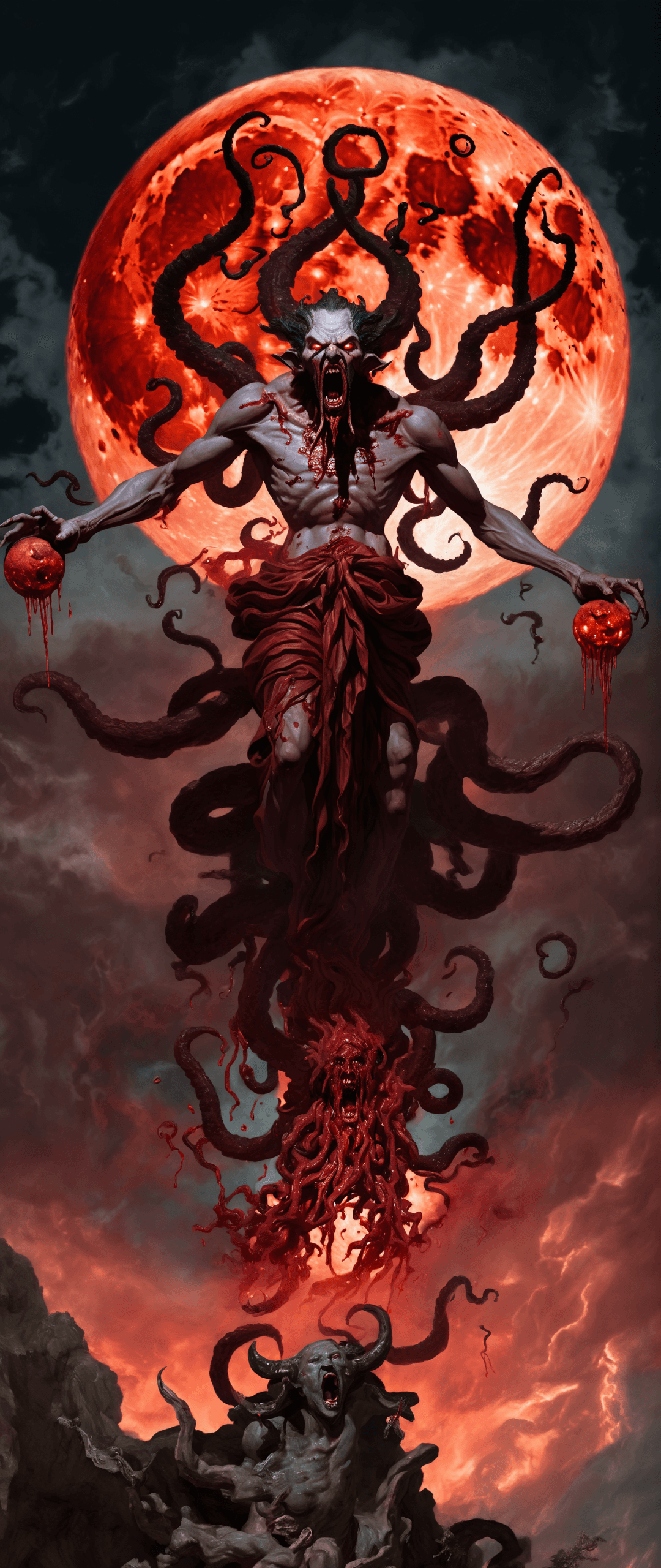 AI generated: concept art a classical paint, an eldritch god descending from the sky about to spread pestilence ac...