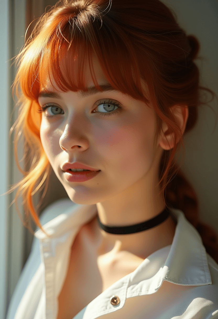 AI generated: Auburn-haired woman with bangs, warm light blue eyes, and a relaxed, introspective expression. Her n...