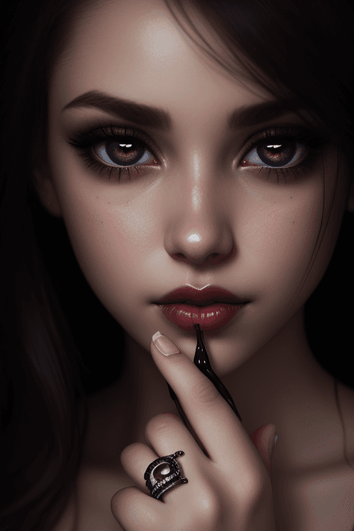 AI generated: closeup of a girl's eye, dimly lit, sultry look, ring lip piercing