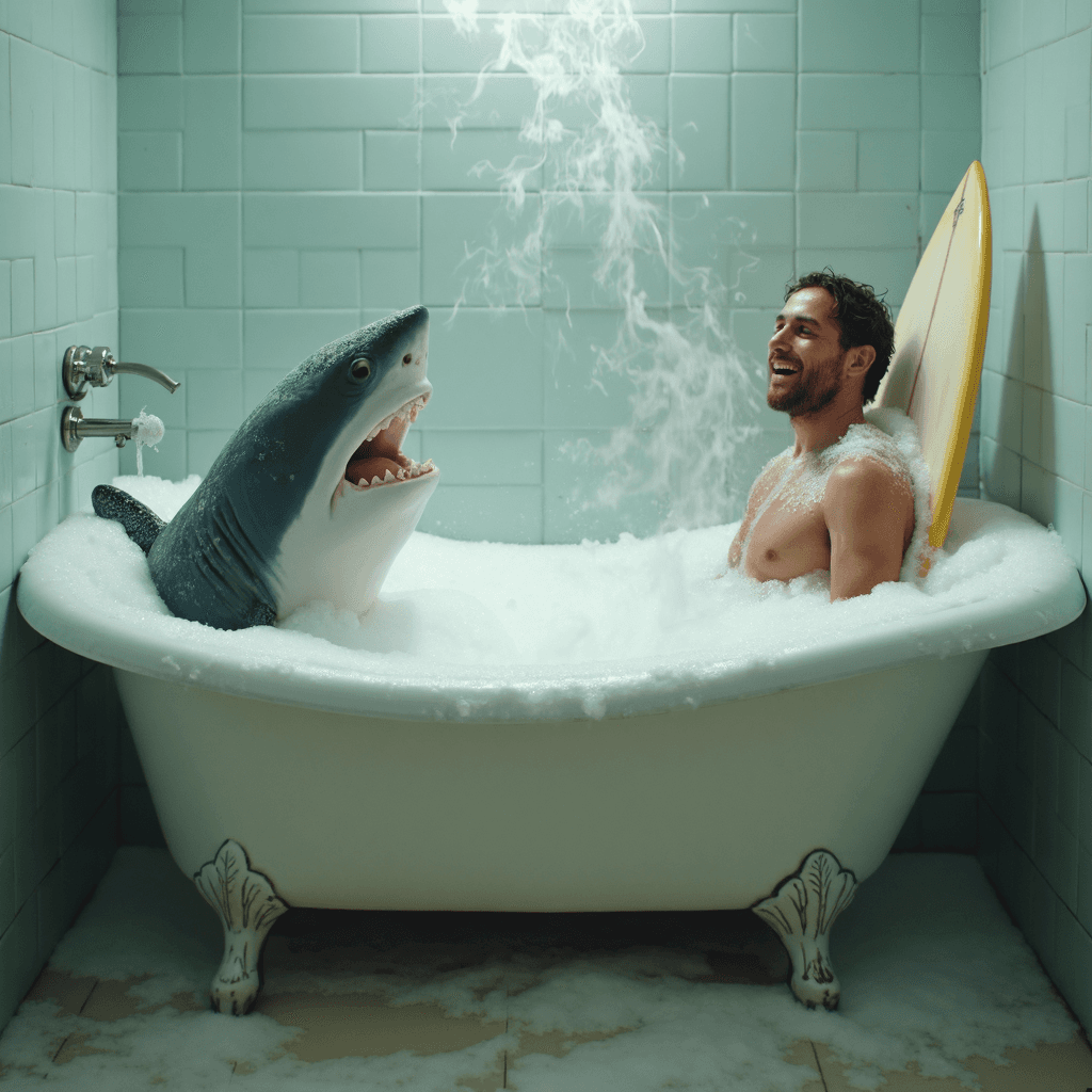 AI generated: A comical side view of a regular household bathtub, where both a shark and a man with a surfboard ar...