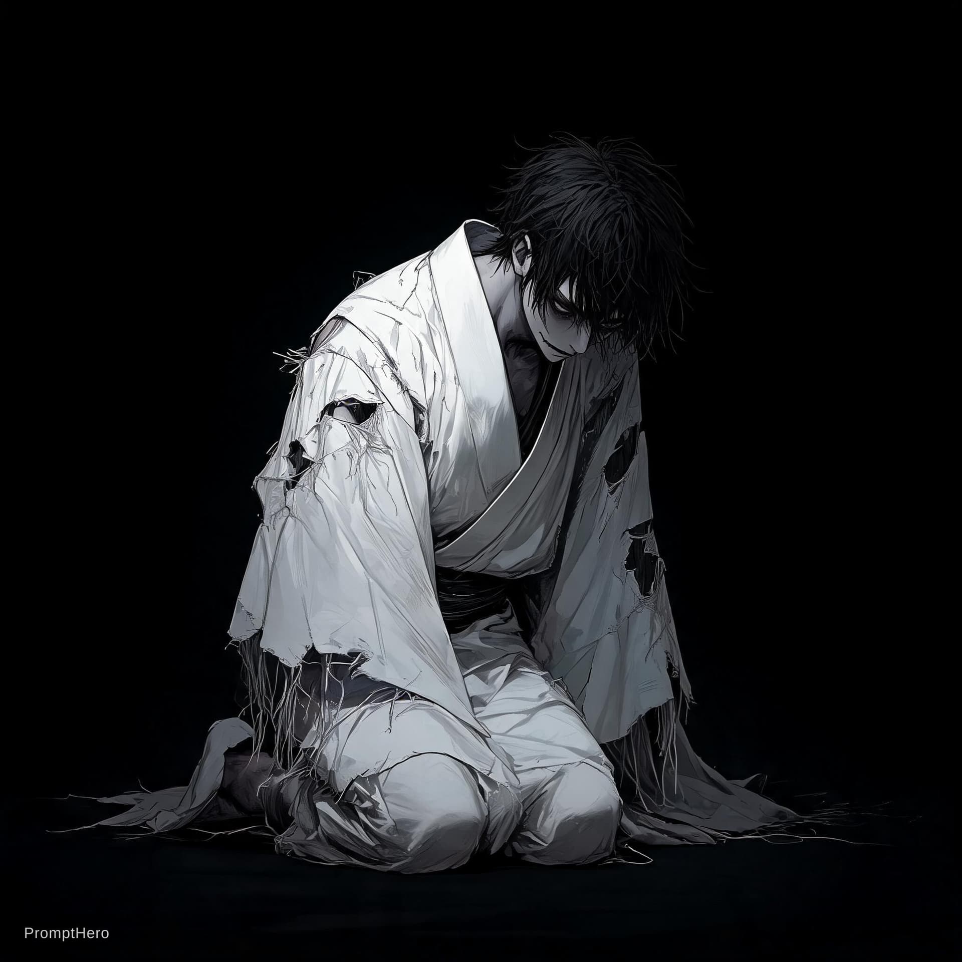 AI generated: Alone in a white kimono in the darkness, broken, kneeling and looking down, full body (psychopathic:...