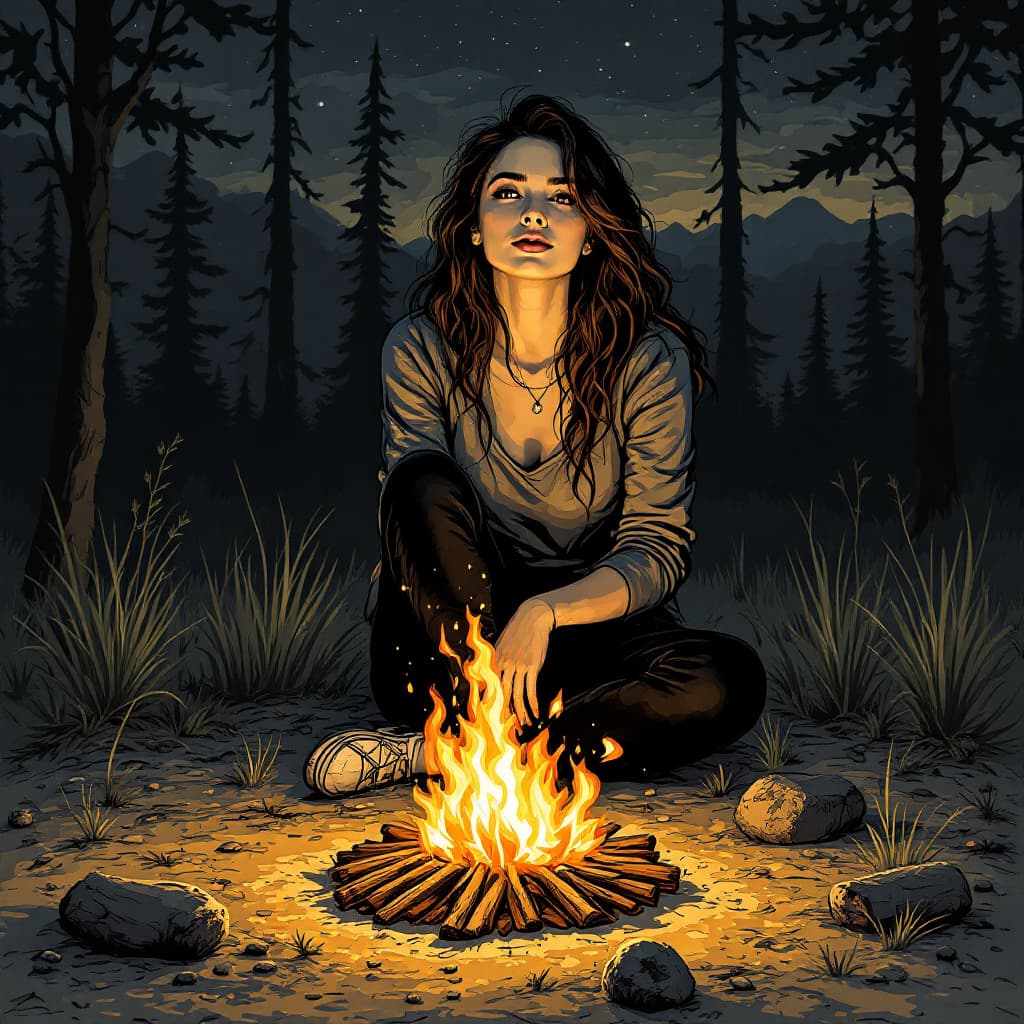 AI generated: draw me a picture of a woman sitting at a campfire