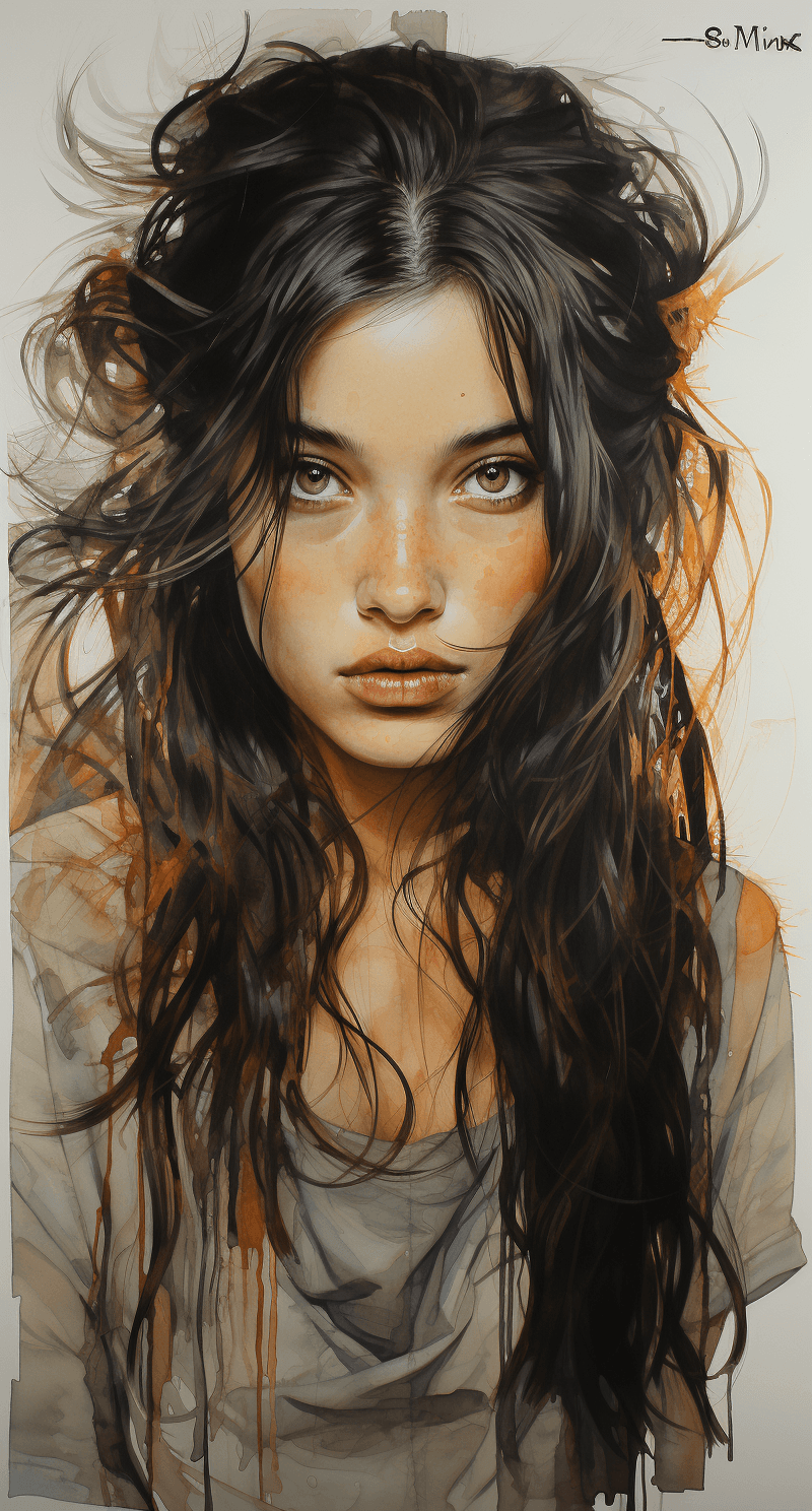 AI generated: a brown pencil drawing of a girl with long hair, in the style of hyper-realistic sci-fi, realistic h...