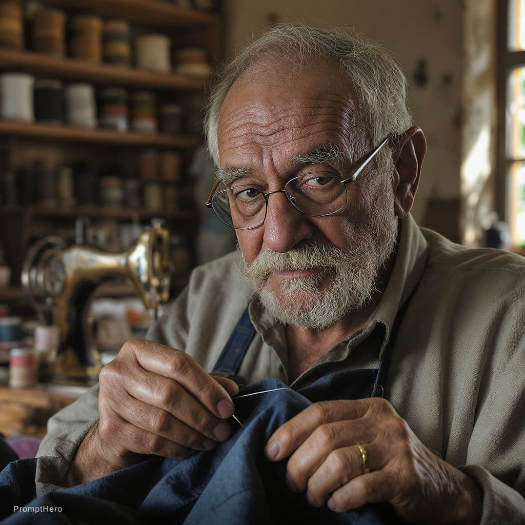 AI generated: A hyper-realistic close-up portrait of an elderly artisan tailor with deeply wrinkled skin and a kin...