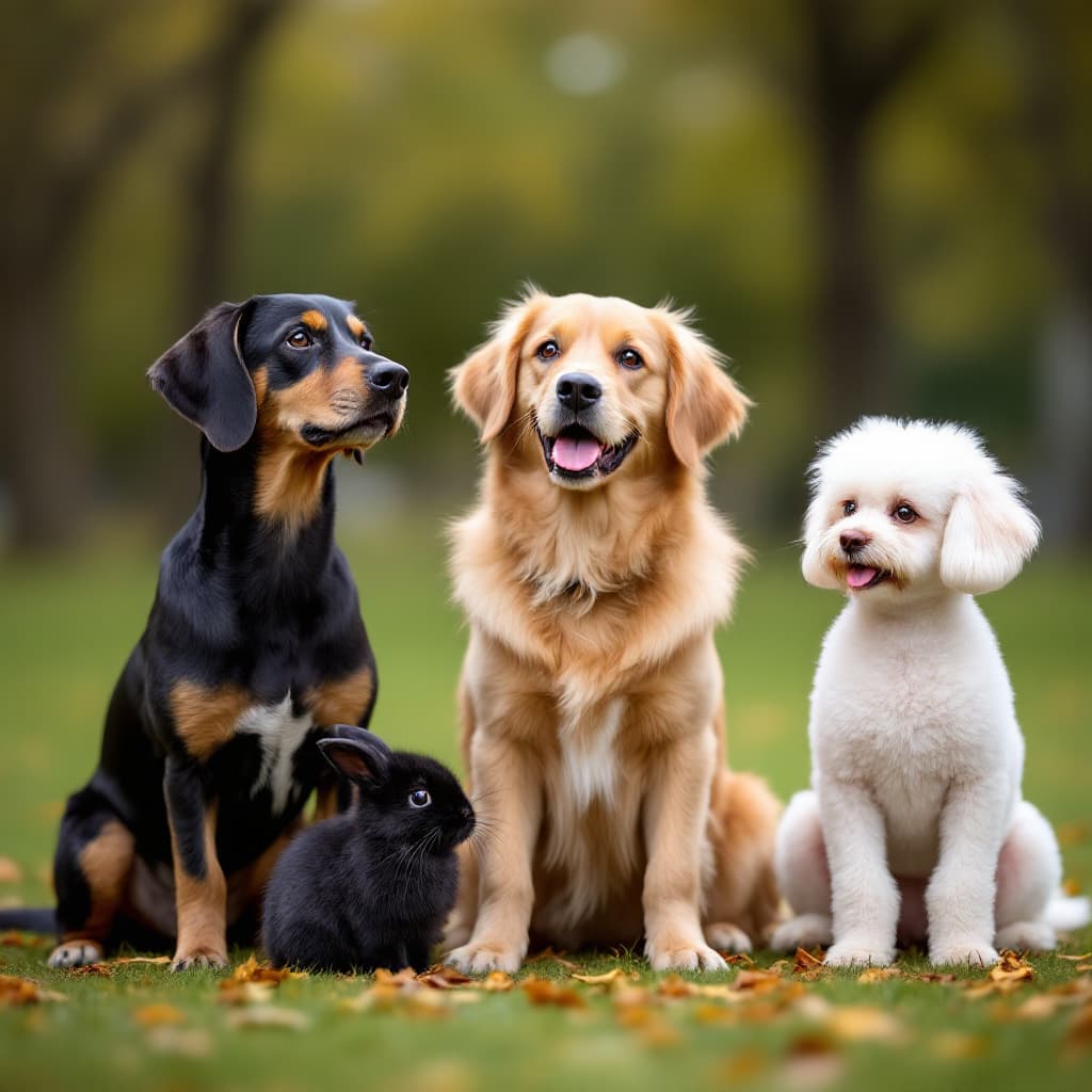 AI generated: Photography of three dogs sitting in a park, middle dog looking at camera while the other two look a...