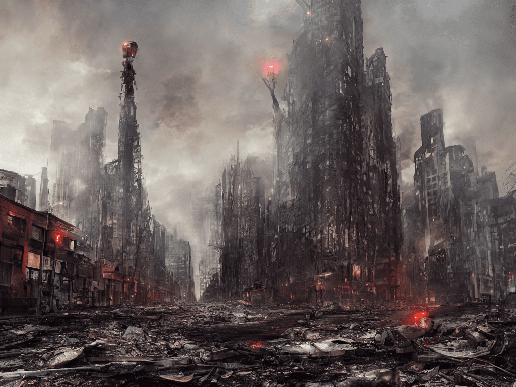 AI generated: fire destroyed city with an tall antenna tower in the middle , Street view, Portait, dramatic lighti...
