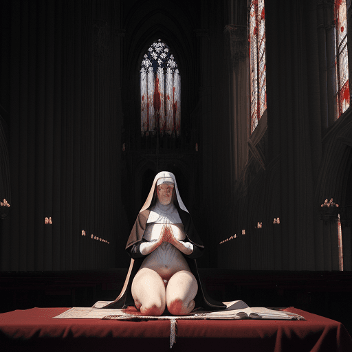 AI generated: in the style of realistic hyper-detailed , 23 year old nun praying nude in an large cathedral, she i...