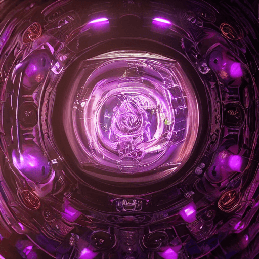 AI generated: complex colorful portrait of a cyberpunk sphere, purple leds, black plastic, symmetrical, fractal, h...