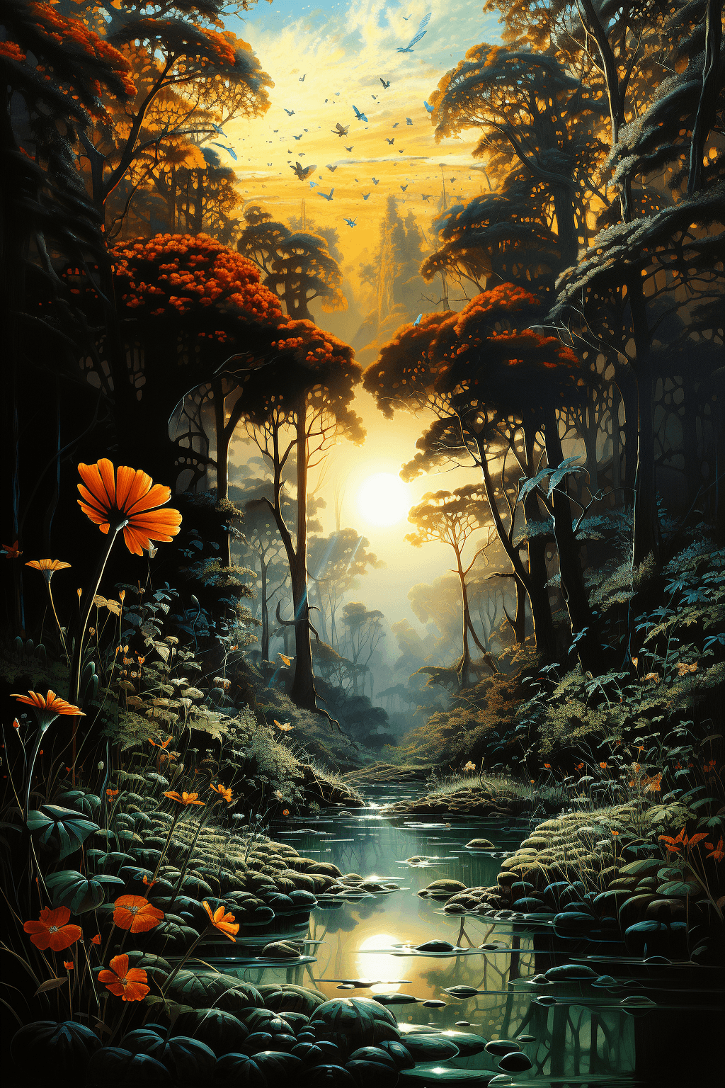 AI generated: ((masterpiece)), (best quality), (detailed), temperate rainforest, ivory, sunrise, butterflies, blue...
