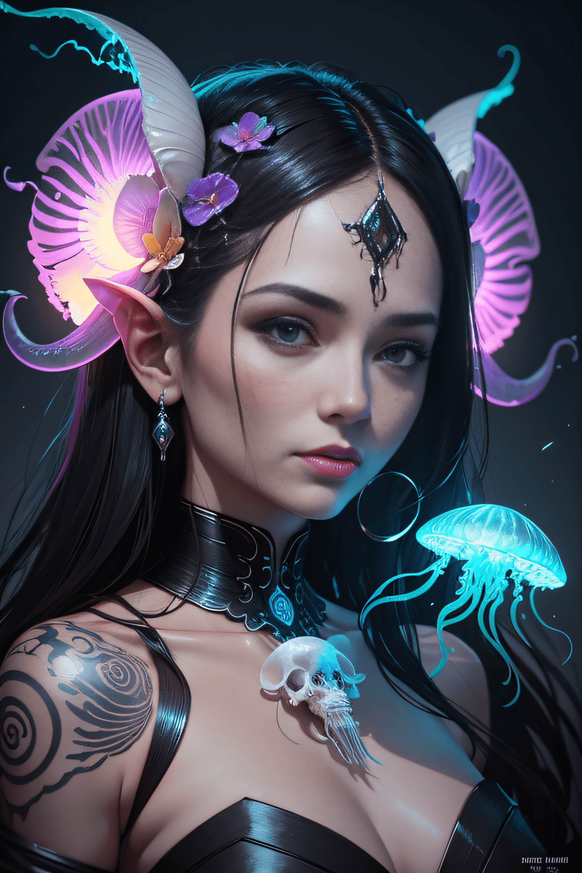 AI generated: goddess portrait skull, ram skull, jellyfish, orchid, betta fish, bioluminescent, intricate artwork ...
