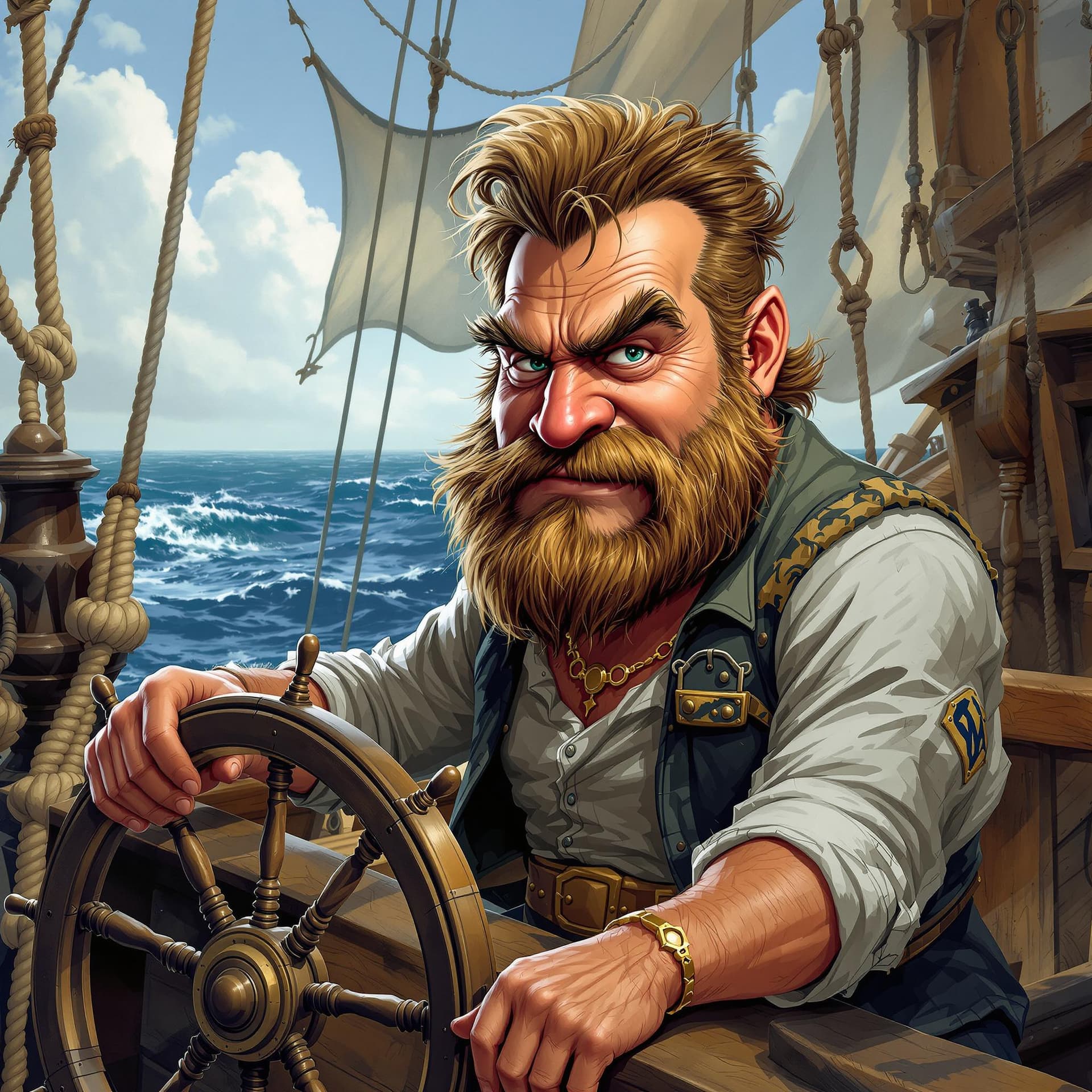 AI generated: A realistic caricature of a brave and strong man sitting at the helm of a ship







