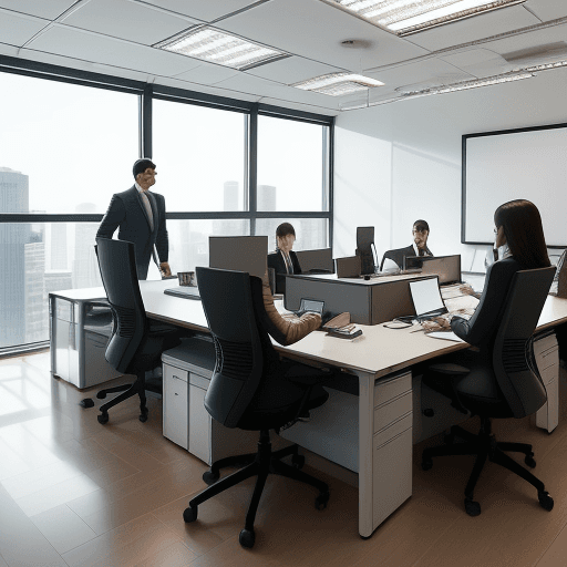 AI generated: A modern office setting with a diverse group of professionals working intently; some are at their de...