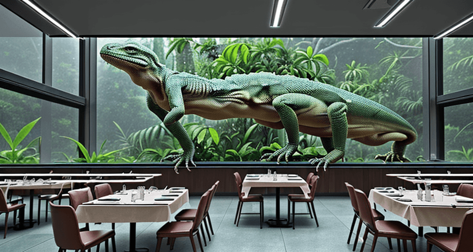 AI generated: Hyper realistic eye level interior photo of a dining hall area in a science station with humans, and...