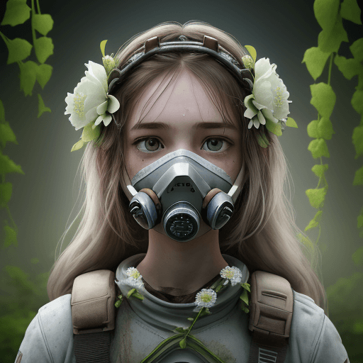 AI generated: 1 girl, spores in the air, post-apocalypse, dust in the background, dust in the air, clear respirato...