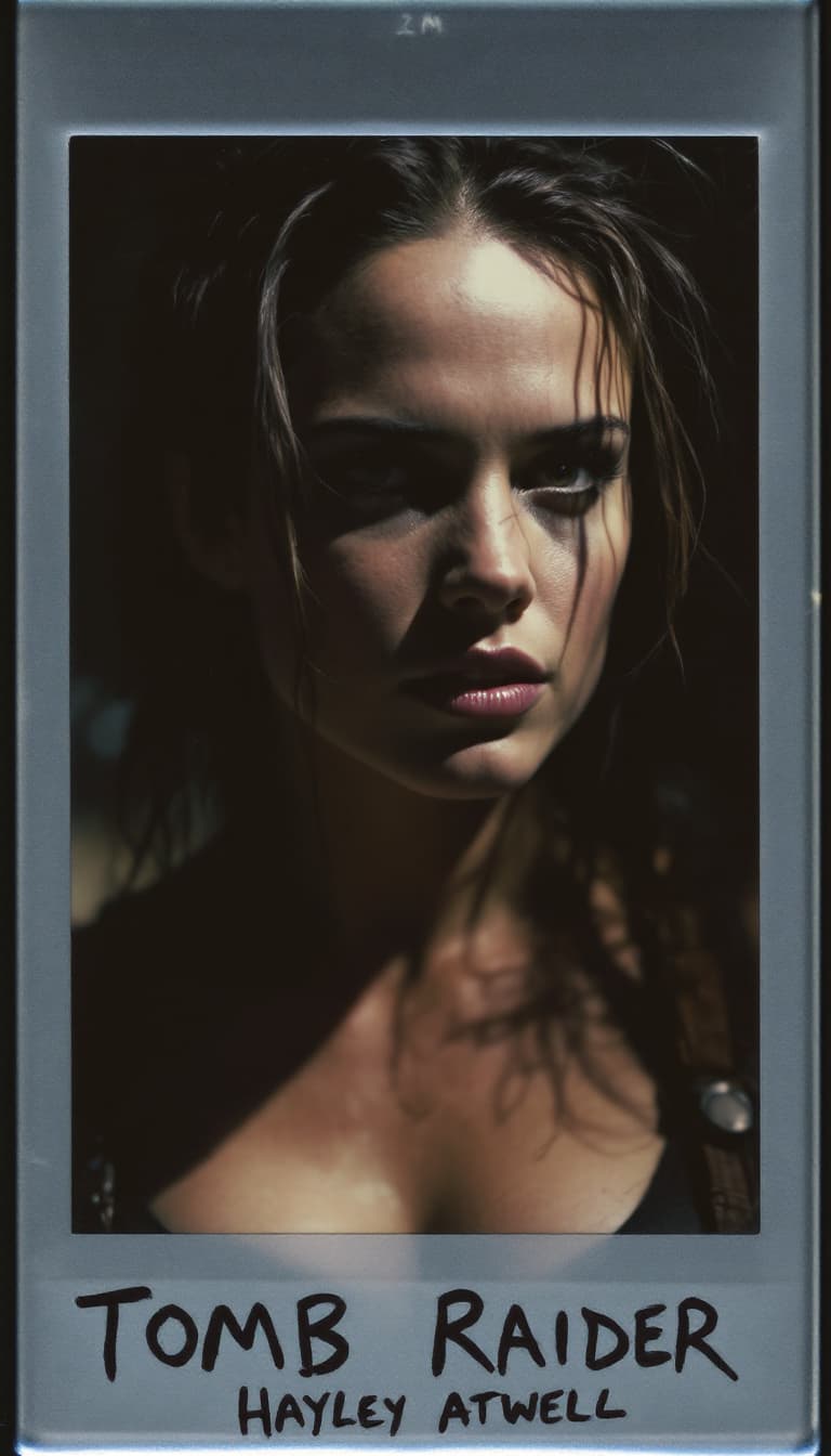 AI generated: Hayley Atwell, Tomb Raider 2013,shot on a Polaroid camera 