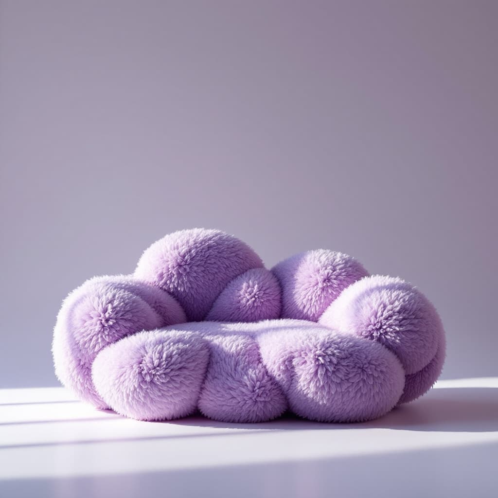 AI generated: productive photography, front view, small fluffy couch, inspired by cloud, purple material details, ...