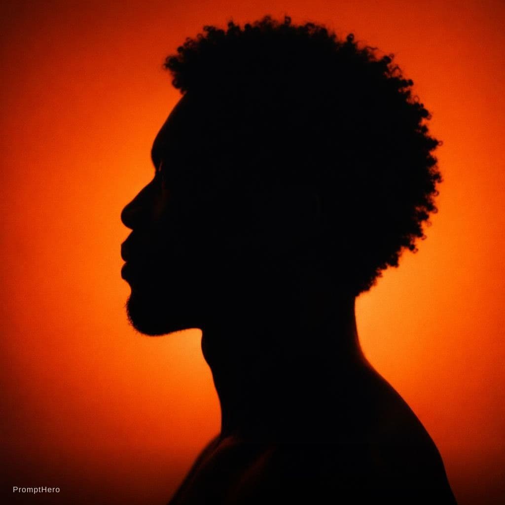 AI generated: photography, portrait of contrast, profile silhouette of a black man, vibrant orange backdrop, visua...