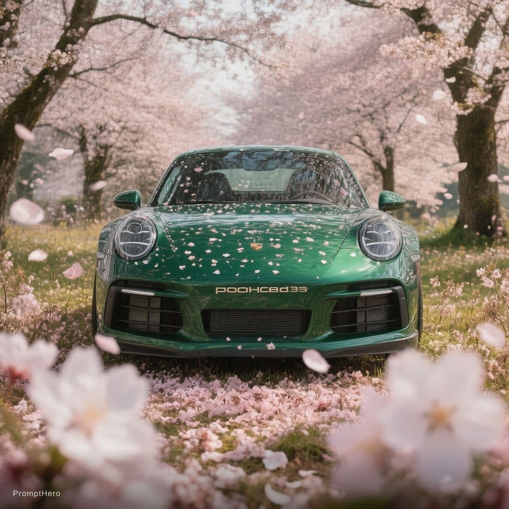 AI generated: extremely low shot of a forest green porche 911 in a field of flowers, add sakura petals in the fore...