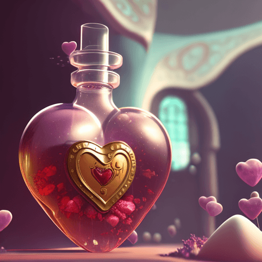AI generated: love potion in a heart-shaped flask, old apothecary, fantasy, videogame asset, artstation, magic, 8k...
