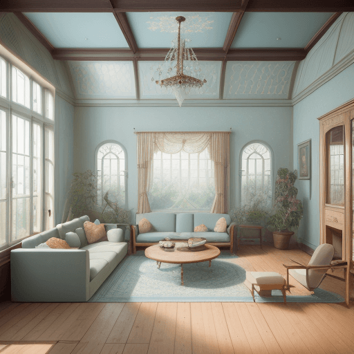 AI generated: High resolution photography interior design, dreamy sunken living room conversation pit, wooden floo...