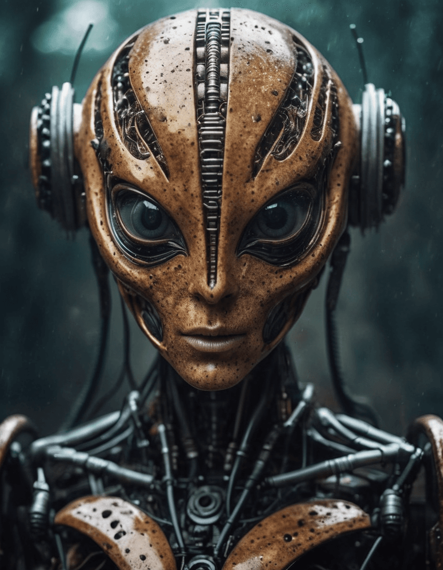 AI generated: A RAW photograph, of an evil robotic alien. [fine lines, faded freckles], highly detailed skin, mois...