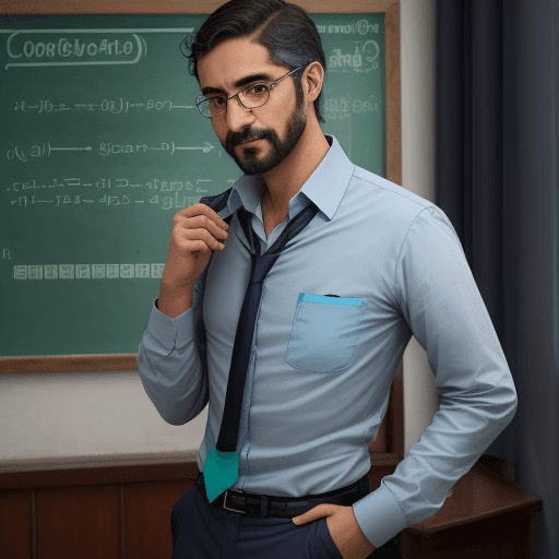 AI generated: profesor joven con corbata , camisa celeste pantalon azul oscuro , que este de pie , y detras una pi...