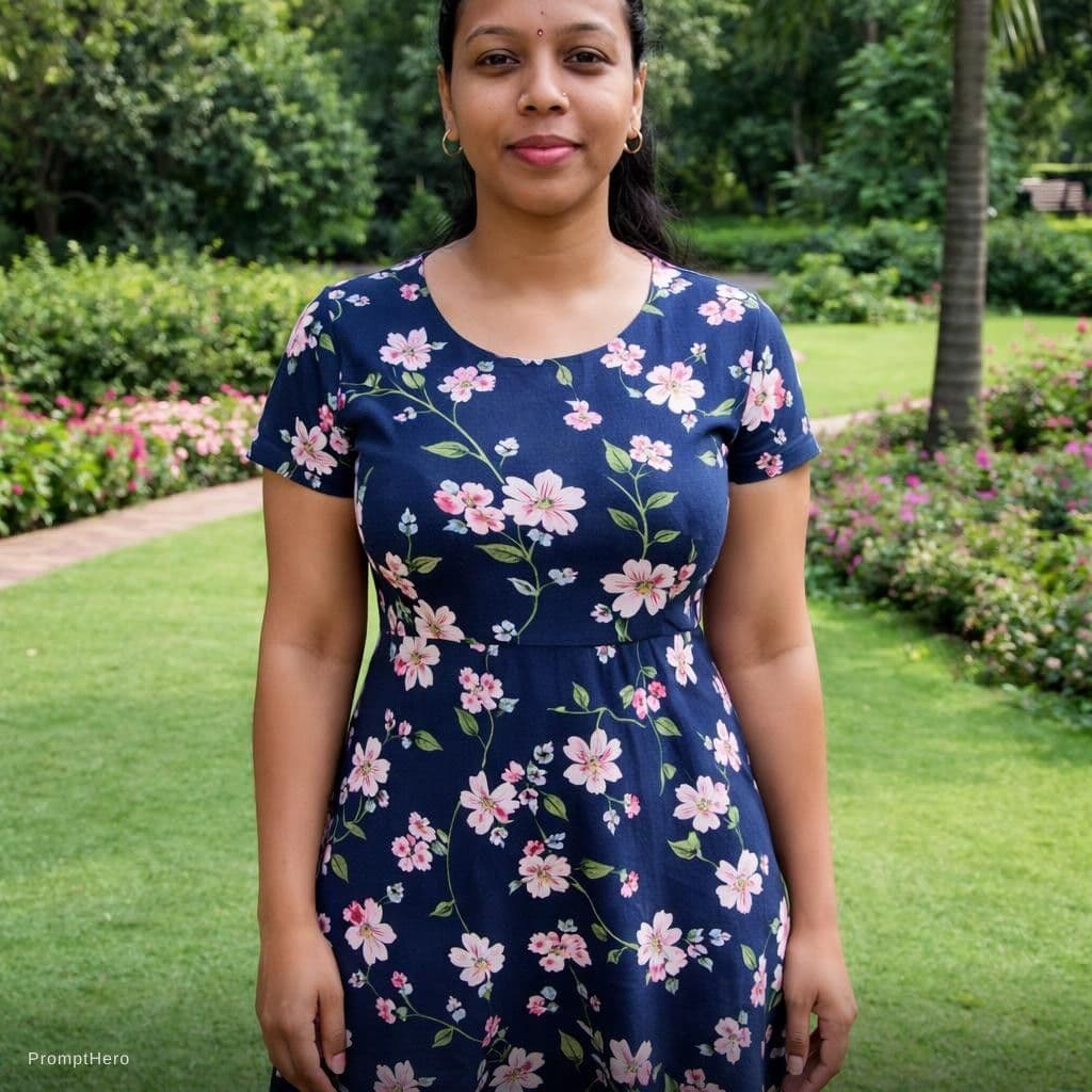 AI generated: Short one piece dress wear women in garden. Same face 