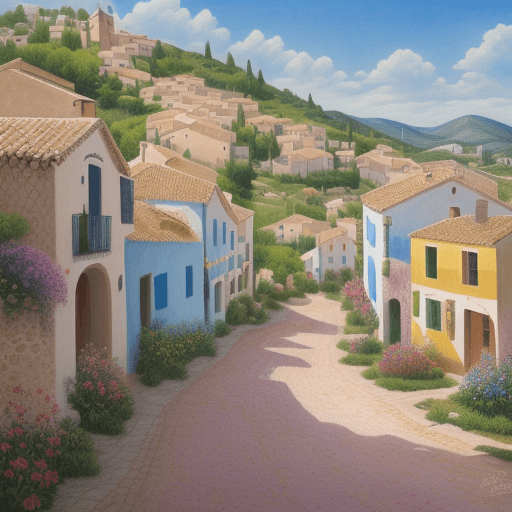 AI generated: Enchantingly beautiful summer landscape of a Spanish village with houses, flowers on the foreground,...