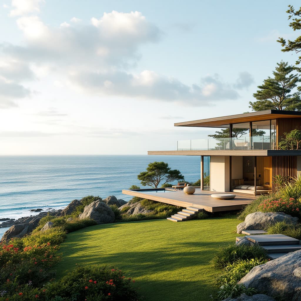 AI generated: Hyper realistic eye level exterior photo of a mid century modern style house overlooking the ocean, ...